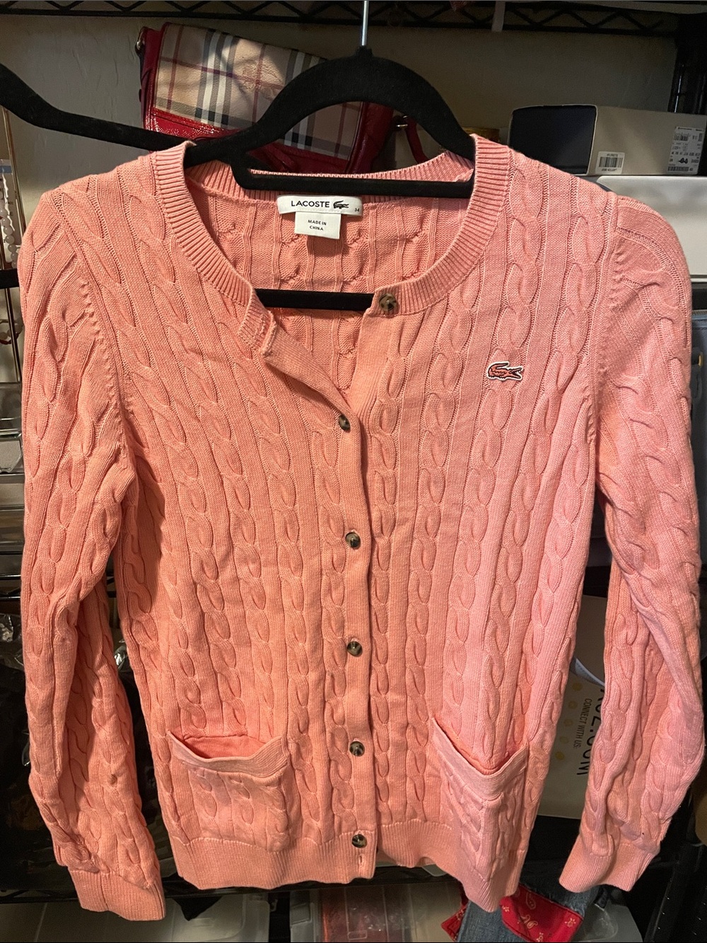 Lacoste Rose-Pink Cable Knit Button-Up Cardigan